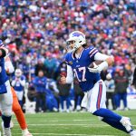 Jan 12, 2025; Orchard Park, New York, USA; Buffalo Bills quarterback Josh Allen (17) moves in the pocket against the Denver Broncos during the second quarter in an AFC wild card game at Highmark Stadium. Mandatory Credit: