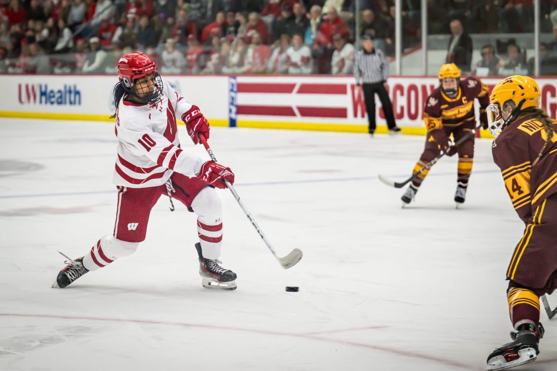 Wisconsin Badgers forward Laila Edwards (10) fires a shot against the Minnesota Gophers in a game Saturday, February 8, 2025, at LaBahn Arena in Madison, Wisconsin.