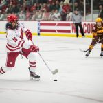 Wisconsin Badgers forward Laila Edwards (10) fires a shot against the Minnesota Gophers in a game Saturday, February 8, 2025, at LaBahn Arena in Madison, Wisconsin.