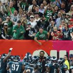 Feb 9, 2025; New Orleans, LA, USA; Philadelphia Eagles fans cheer a touchdown by Philadelphia Eagles wide receiver A.J. Brown (11) against the Kansas City Chiefs in the second quarter in Super Bowl LIX at Ceasars Superdome. Mandatory Credit: Stephen Lew-Imagn Images