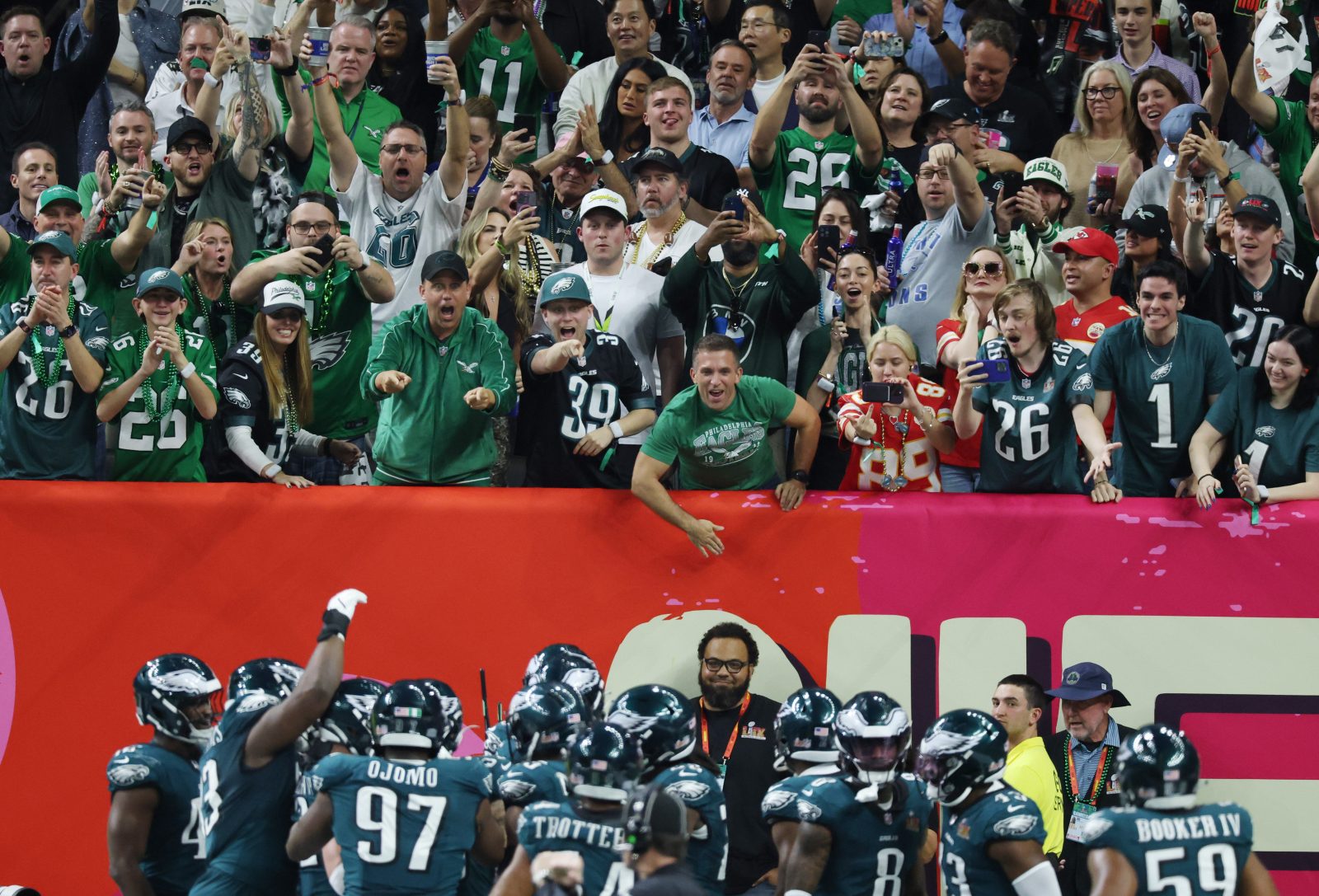 Feb 9, 2025; New Orleans, LA, USA; Philadelphia Eagles fans cheer a touchdown by Philadelphia Eagles wide receiver A.J. Brown (11) against the Kansas City Chiefs in the second quarter in Super Bowl LIX at Ceasars Superdome. Mandatory Credit: Stephen Lew-Imagn Images