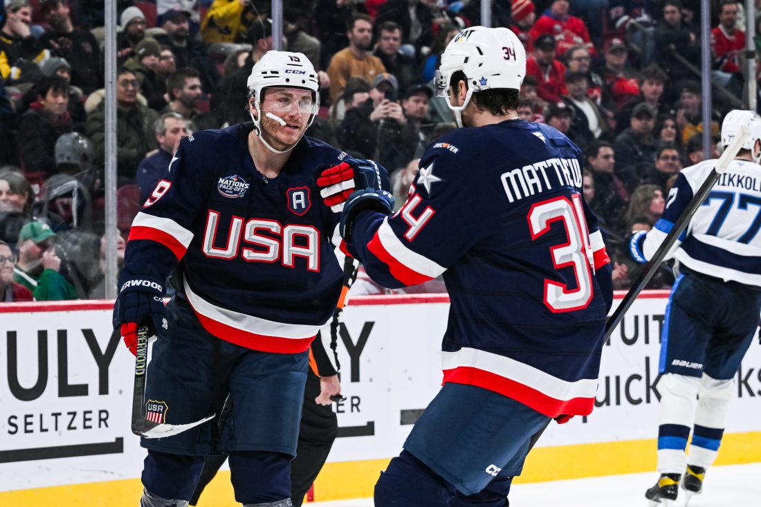 Feb 13, 2025; Montreal, Quebec, CAN; [Imagn Images direct customers only] Team USA forward Matthew Tkachuk (19) celebrates with Team USA forward Auston Matthews (34) his goal against Team Finland in the third period during a 4 Nations Face-Off ice hockey game at Bell Centre. Mandatory Credit: David Kirouac-Imagn Images