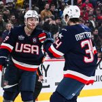 Feb 13, 2025; Montreal, Quebec, CAN; [Imagn Images direct customers only] Team USA forward Matthew Tkachuk (19) celebrates with Team USA forward Auston Matthews (34) his goal against Team Finland in the third period during a 4 Nations Face-Off ice hockey game at Bell Centre. Mandatory Credit: David Kirouac-Imagn Images