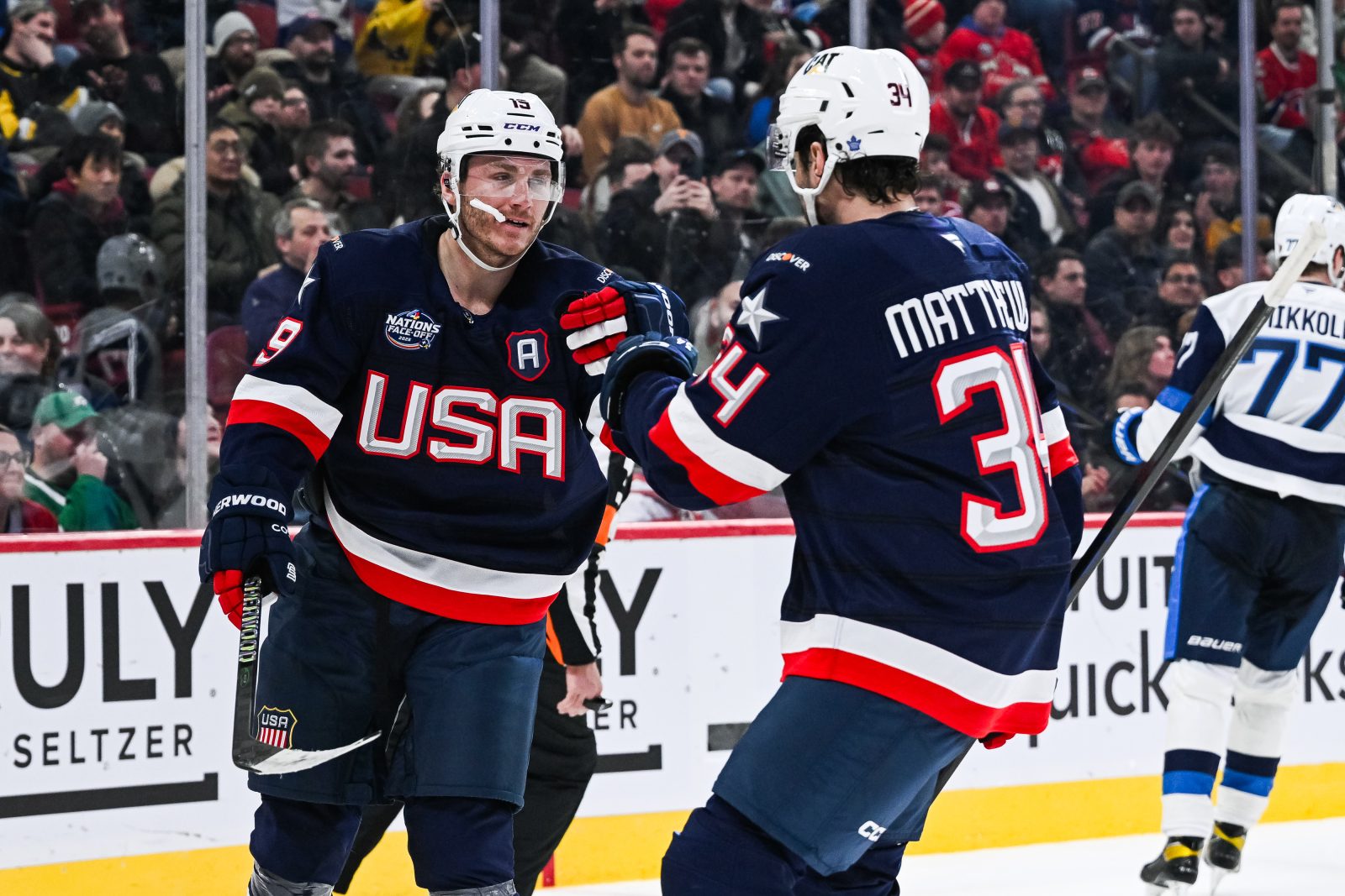 Feb 13, 2025; Montreal, Quebec, CAN; [Imagn Images direct customers only] Team USA forward Matthew Tkachuk (19) celebrates with Team USA forward Auston Matthews (34) his goal against Team Finland in the third period during a 4 Nations Face-Off ice hockey game at Bell Centre. Mandatory Credit: David Kirouac-Imagn Images