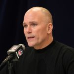 Feb 25, 2025; Indianapolis, IN, USA; Baltimore Ravens general manager Eric DeCosta speaks during the NFL Scouting Combine at the Indiana Convention Center. Mandatory Credit: Kirby Lee-Imagn Images