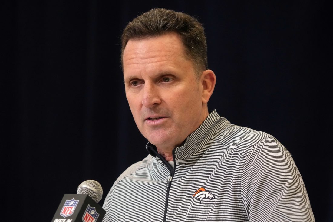 Feb 25, 2025; Indianapolis, IN, USA; Denver Broncos general manager George Paton speaks during the NFL Scouting Combine at the Indiana Convention Center. Mandatory Credit: Kirby Lee-Imagn Images