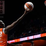 Sep 10, 2025; Uncasville, Connecticut, USA; Connecticut Sun guard Saniya Rivers (22) shoots a layup against the Atlanta Dream during the second half at Mohegan Sun Arena.