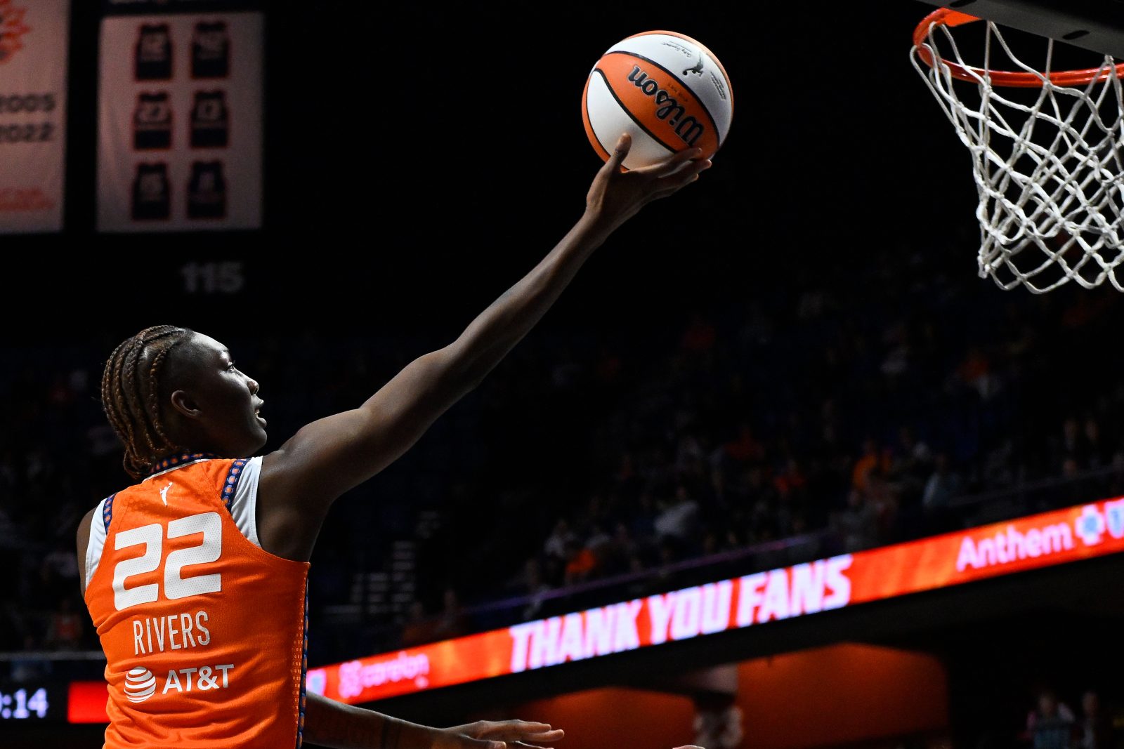 Sep 10, 2025; Uncasville, Connecticut, USA; Connecticut Sun guard Saniya Rivers (22) shoots a layup against the Atlanta Dream during the second half at Mohegan Sun Arena.