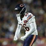 Oct 13, 2025; Landover, Maryland, USA; Chicago Bears cornerback Nahshon Wright (26) reacts after a play against the Washington Commanders during the first quarter at Northwest Stadium. Mandatory Credit: Peter Casey-Imagn Images