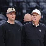 Oct 27, 2025; Salt Lake City, Utah, USA; Utah Jazz head coach Will Hardy (left) and CEO of basketball operations Danny Ainge (right) speak before the game against the Phoenix Suns at Delta Center. Mandatory Credit: Rob Gray-Imagn Images