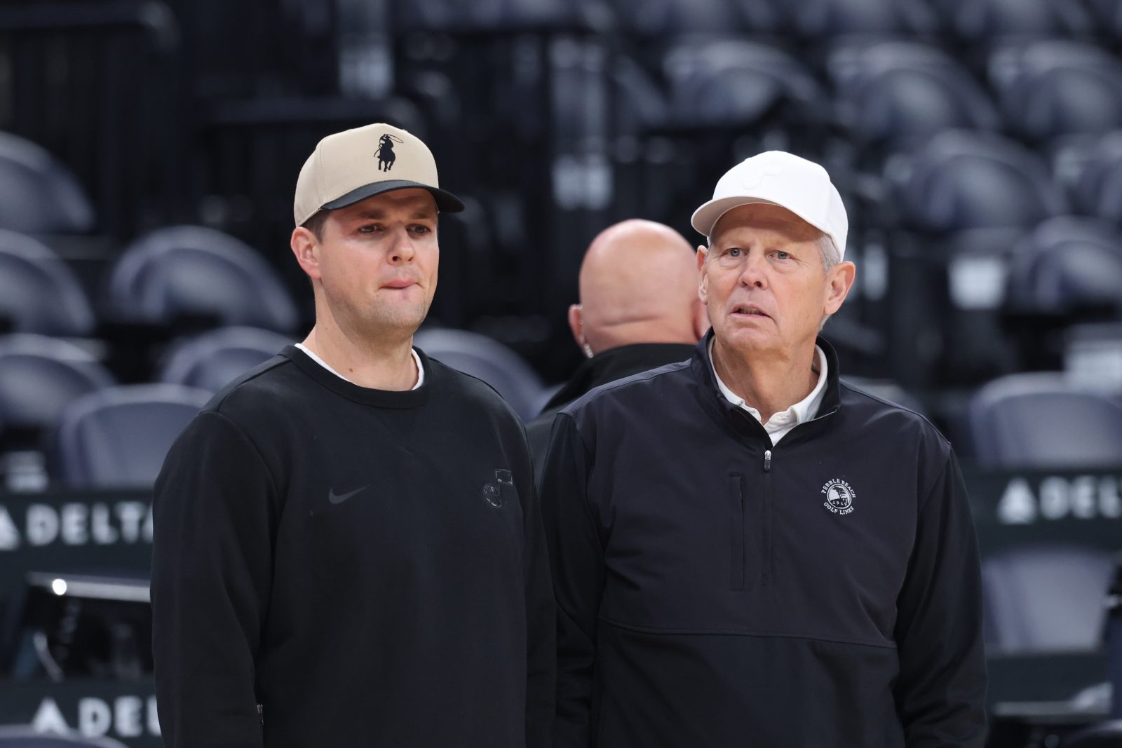 Oct 27, 2025; Salt Lake City, Utah, USA; Utah Jazz head coach Will Hardy (left) and CEO of basketball operations Danny Ainge (right) speak before the game against the Phoenix Suns at Delta Center. Mandatory Credit: Rob Gray-Imagn Images
