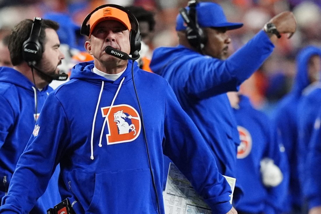 Nov 6, 2025; Denver, Colorado, USA; Denver Broncos head coach Sean Payton during the first half at Empower Field at Mile High.
