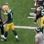 Green Bay Packers defensive coordinator Jeff Hafley hugs defensive end Micah Parsons (1) as defensive end Rashan Gary (52) looks on before their game against the Detroit Lions Sunday, September 7, 2025 at Lambeau Field in Green Bay, Wisconsin.