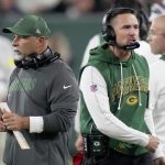 Sep 11, 2025; Green Bay, Wisconsin, USA; Green Bay Packers head coach Matt LaFleur, right, and assistant head coach/special teams coordinator Rich Bisaccia are shown after having to call a time out during the fourth quarter at Lambeau Field.