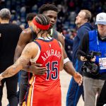 Dec 4, 2025; New Orleans, Louisiana, USA; Minnesota Timberwolves guard Anthony Edwards (5) hugs New Orleans Pelicans guard Jose Alvarado (15) after the game at Smoothie King Center. Mandatory Credit: Stephen Lew-Imagn Images