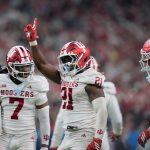 Dec 6, 2025; Indianapolis, IN, USA; Indiana Hoosiers linebacker Rolijah Hardy (21) reacts in the third quarter against the Ohio State Buckeyes during the 2025 Big Ten championship game at Lucas Oil Stadium. Mandatory Credit: Aaron Doster-Imagn Images