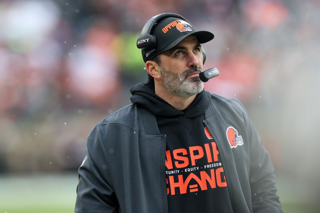 Dec 7, 2025; Cleveland, Ohio, USA; Cleveland Browns head coach Kevin Stefanski looks on against the Tennessee Titans during the first quarter at Huntington Bank Field. Mandatory Credit: Scott Galvin-Imagn Images
