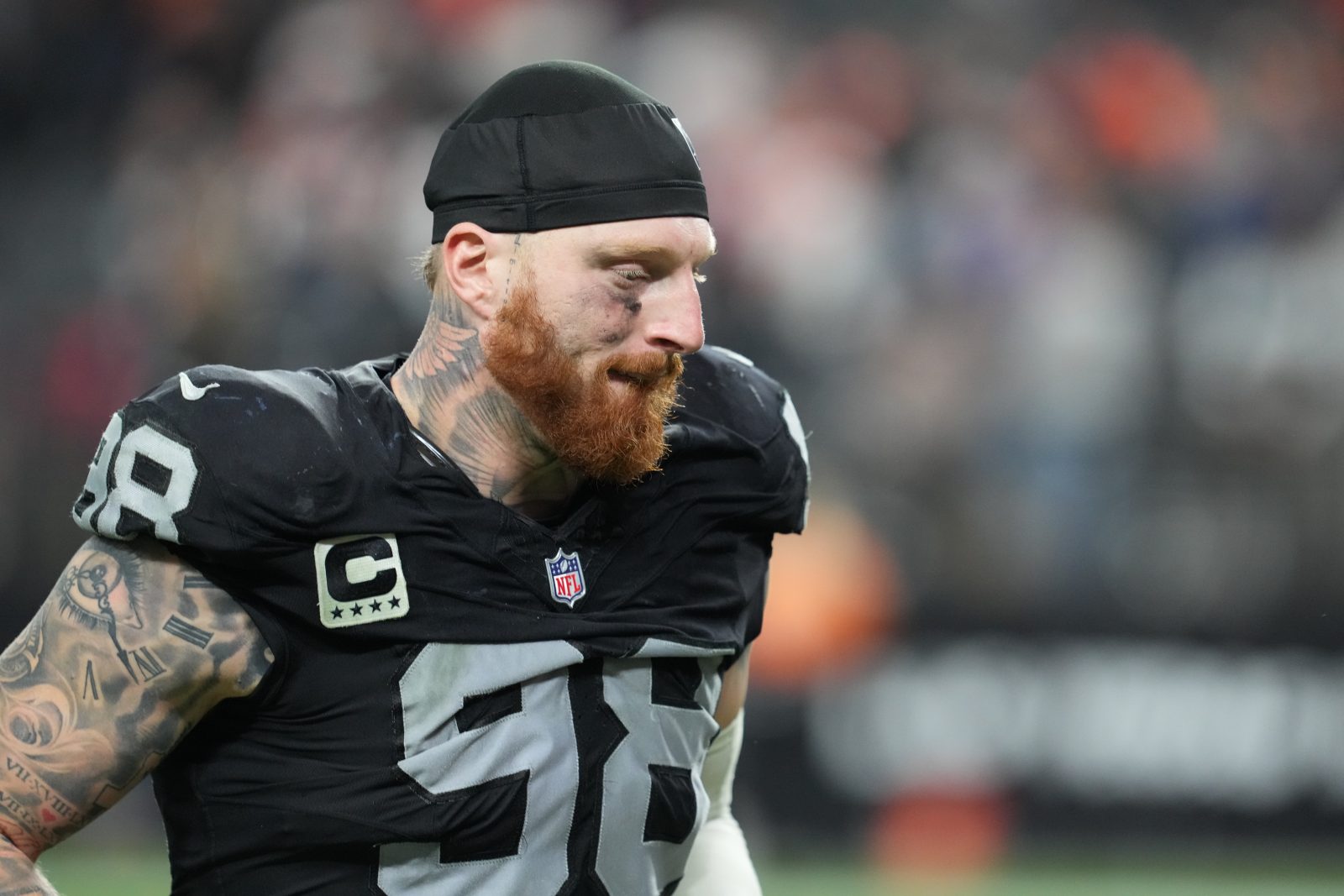 Dec 7, 2025; Paradise, Nevada, USA; Las Vegas Raiders defensive end Maxx Crosby (98) leaves the field following a game against the Denver Broncos at Allegiant Stadium. Mandatory Credit: Stephen R. Sylvanie-Imagn Images