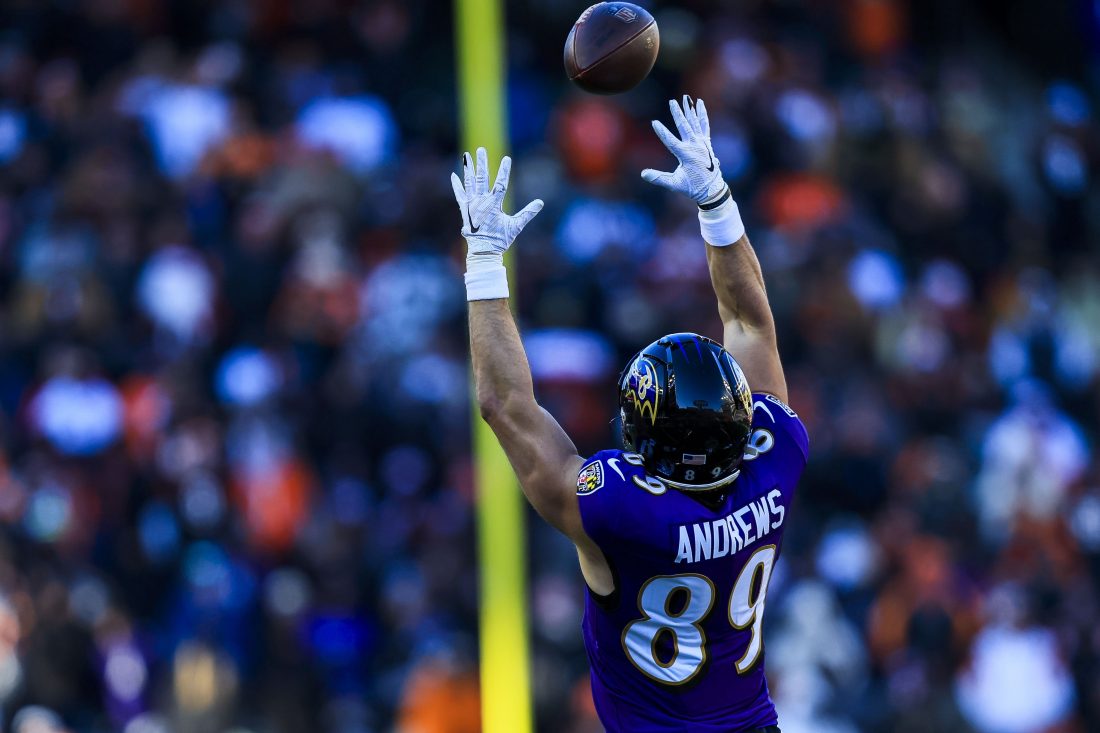 Dec 14, 2025; Cincinnati, Ohio, USA; Baltimore Ravens tight end Mark Andrews (89) attempts to catch a pass against the Cincinnati Bengals in the first half at Paycor Stadium.