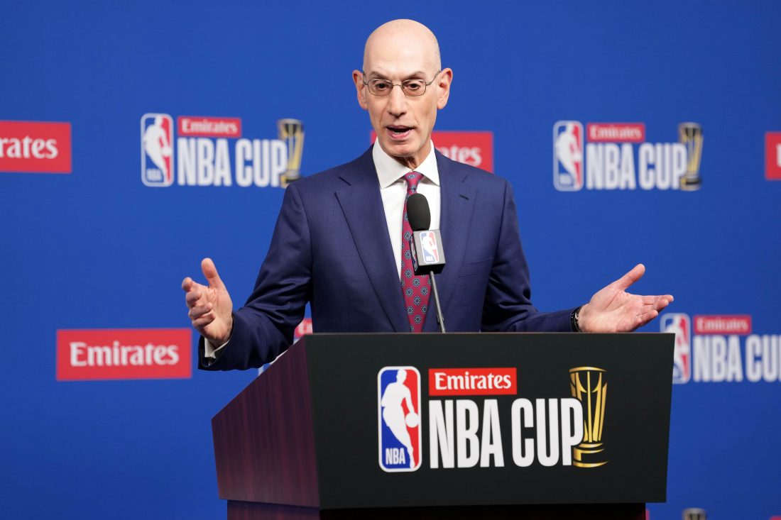 Dec 16, 2025; Las Vegas, Nevada, USA; NBA commissioner Adam Silver speaks during press conference at the Emirates NBA Cup Final at T-Mobile Arena. Mandatory Credit: Kirby Lee-Imagn Images