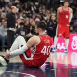 Dec 20, 2025; Inglewood, California, USA; LA Clippers center Ivica Zubac (40) suffers an injury against the Los Angeles Lakers in the first half at Intuit Dome. Mandatory Credit: Kirby Lee-Imagn Images