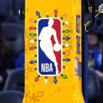 Dec 25, 2025; San Francisco, California, USA; A view of the Christmas logo for the NBA before the game between the Golden State Warriors and the Dallas Mavericks at Chase Center.