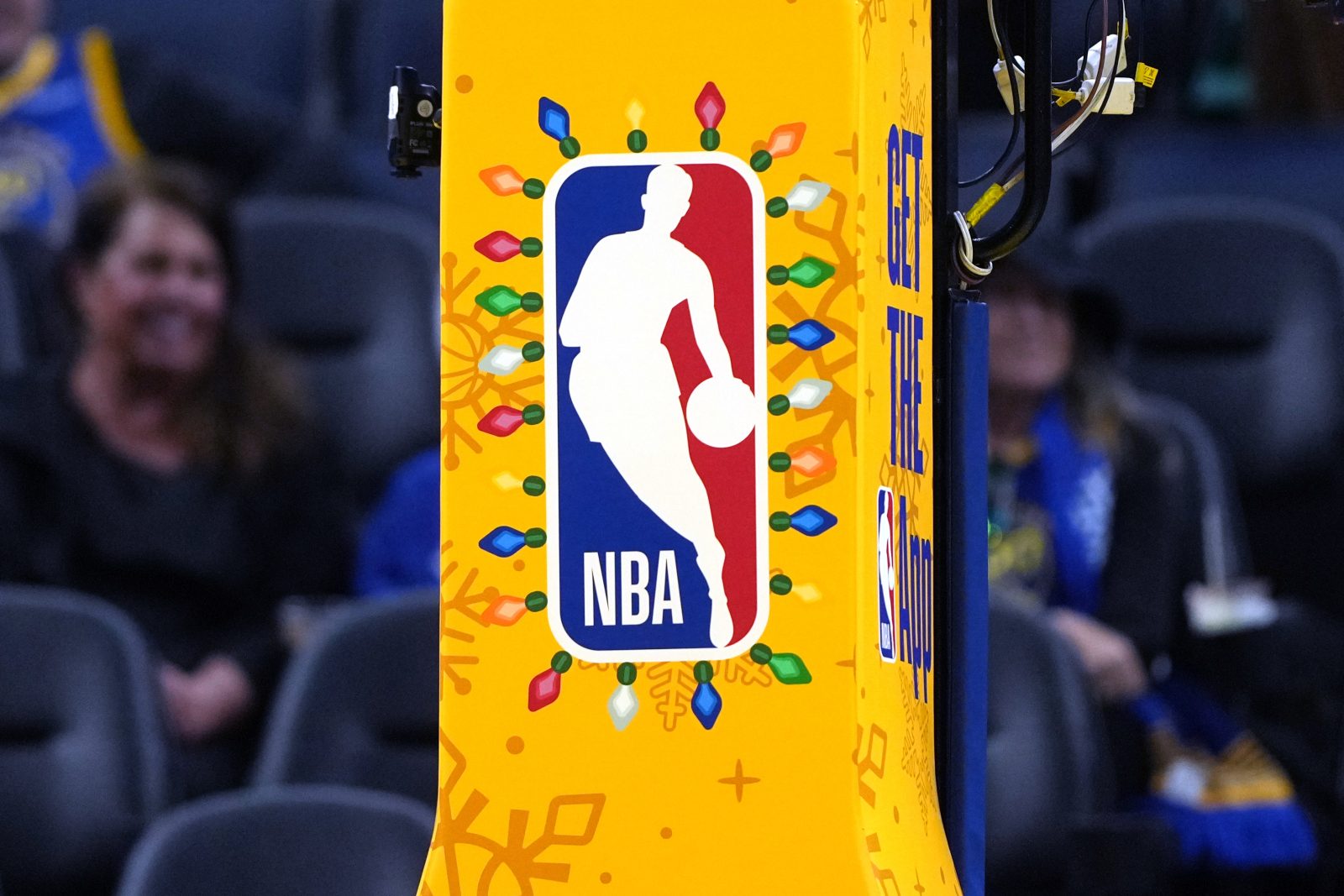 Dec 25, 2025; San Francisco, California, USA; A view of the Christmas logo for the NBA before the game between the Golden State Warriors and the Dallas Mavericks at Chase Center.