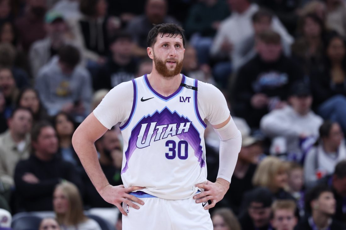 Dec 26, 2025; Salt Lake City, Utah, USA; Utah Jazz center Jusuf Nurkic (30) waits for play to resume against the Detroit Pistons during the second half at Delta Center. Mandatory Credit: Rob Gray-Imagn Images