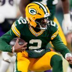 Dec 27, 2025; Green Bay, Wisconsin, USA; Green Bay Packers quarterback Malik Willis (2) runs the ball during the third quarter against the Baltimore Ravens at Lambeau Field. Mandatory Credit: Kayla Wolf-Imagn Images
