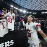 Dec 28, 2025; Paradise, Nevada, USA; New York Giants quarterback Jaxson Dart (6) greets fans after the game against the Las Vegas Raiders at Allegiant Stadium.