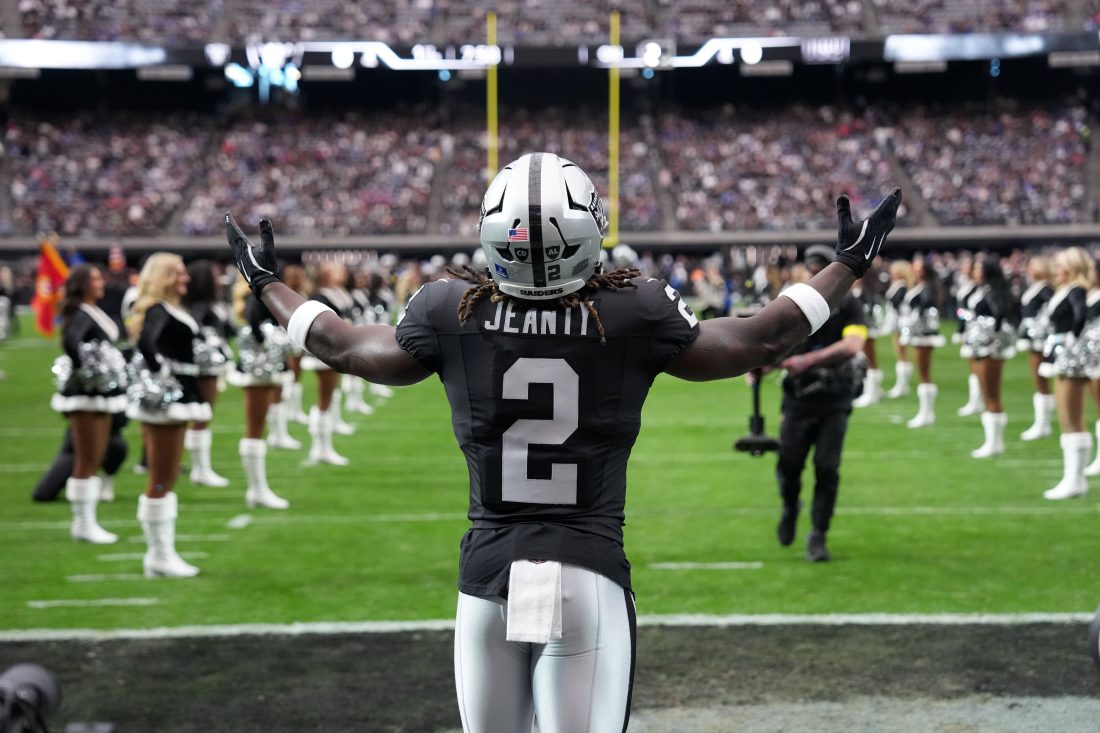 Dec 28, 2025; Paradise, Nevada, USA; Las Vegas Raiders running back Ashton Jeanty (2) enters the field before the game against the New York Giants at Allegiant Stadium.