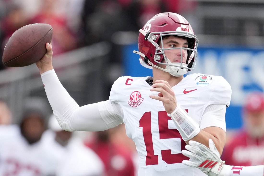 Jan 1, 2026; Pasadena, CA, USA; Alabama Crimson Tide quarterback Ty Simpson (15) passes against the Indiana Hoosiers in the first half of the 2026 Rose Bowl and quarterfinal game of the College Football Playoff at Rose Bowl Stadium.