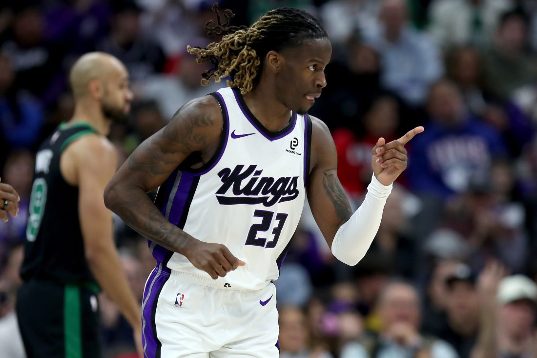 Jan 1, 2026; Sacramento, California, USA; Sacramento Kings guard Keon Ellis (23) reacts after making a three-point basket against the Boston Celtics during the second quarter at Golden 1 Center.