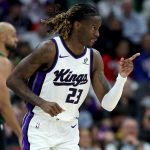 Jan 1, 2026; Sacramento, California, USA; Sacramento Kings guard Keon Ellis (23) reacts after making a three-point basket against the Boston Celtics during the second quarter at Golden 1 Center.