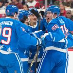 Jan 3, 2026; Raleigh, North Carolina, USA; Colorado Avalanche left wing Gabriel Landeskog (92) celebrates with center Martin Necas (88), defenseman Samuel Girard (49) and center Nathan MacKinnon (29) after scoring a goal against the Carolina Hurricanes during the second period at Lenovo Center. Mandatory Credit: James Guillory-Imagn Images