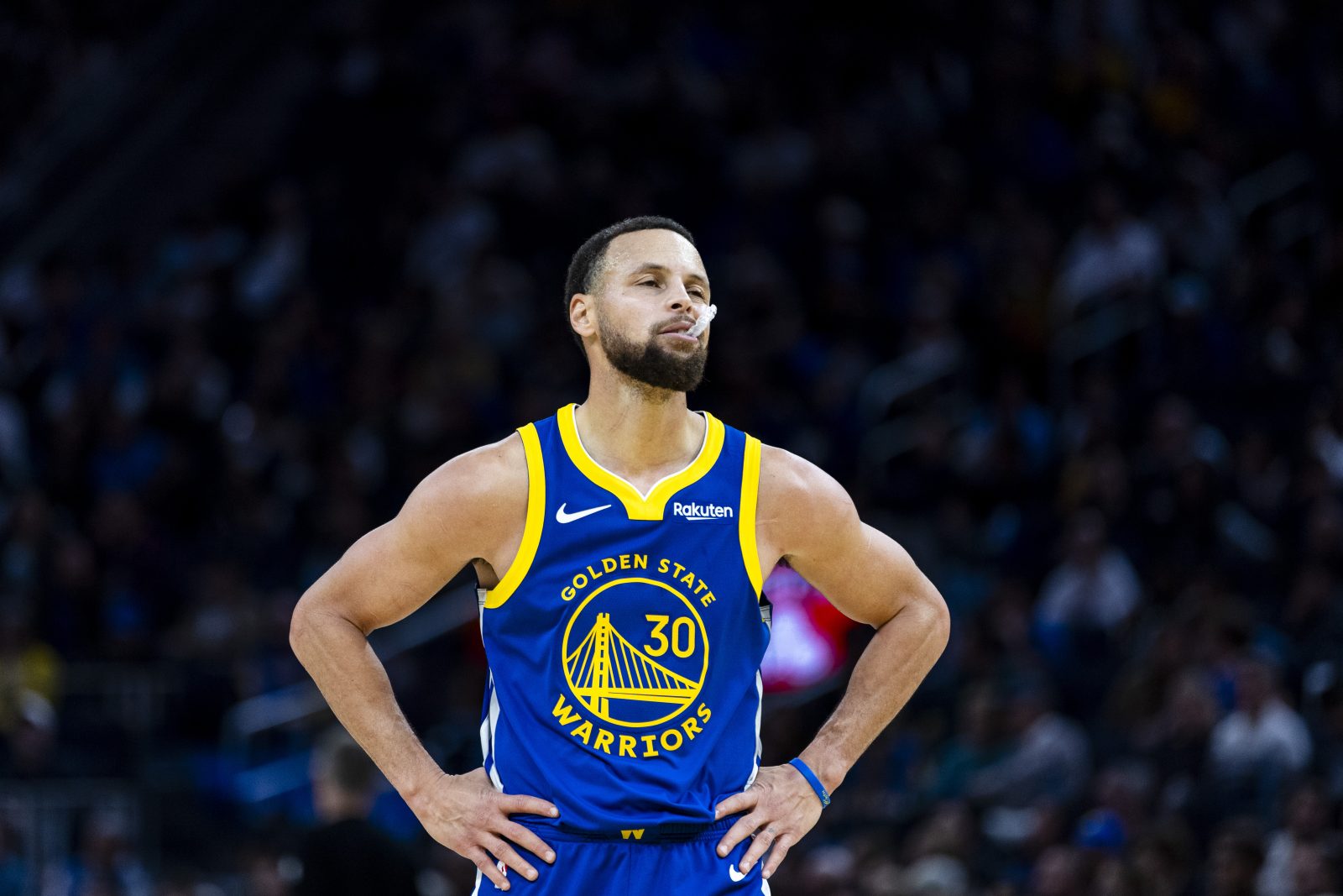 Jan 3, 2026; San Francisco, California, USA; Golden State Warriors guard Stephen Curry (30) reacts during the third quarter against the Utah Jazz at Chase Center. Mandatory Credit: John Hefti-Imagn Images