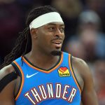 Jan 2, 2026; San Francisco, California, USA; Oklahoma City Thunder guard Luguentz Dort (5) during the second quarter against the Golden State Warriors at Chase Center.