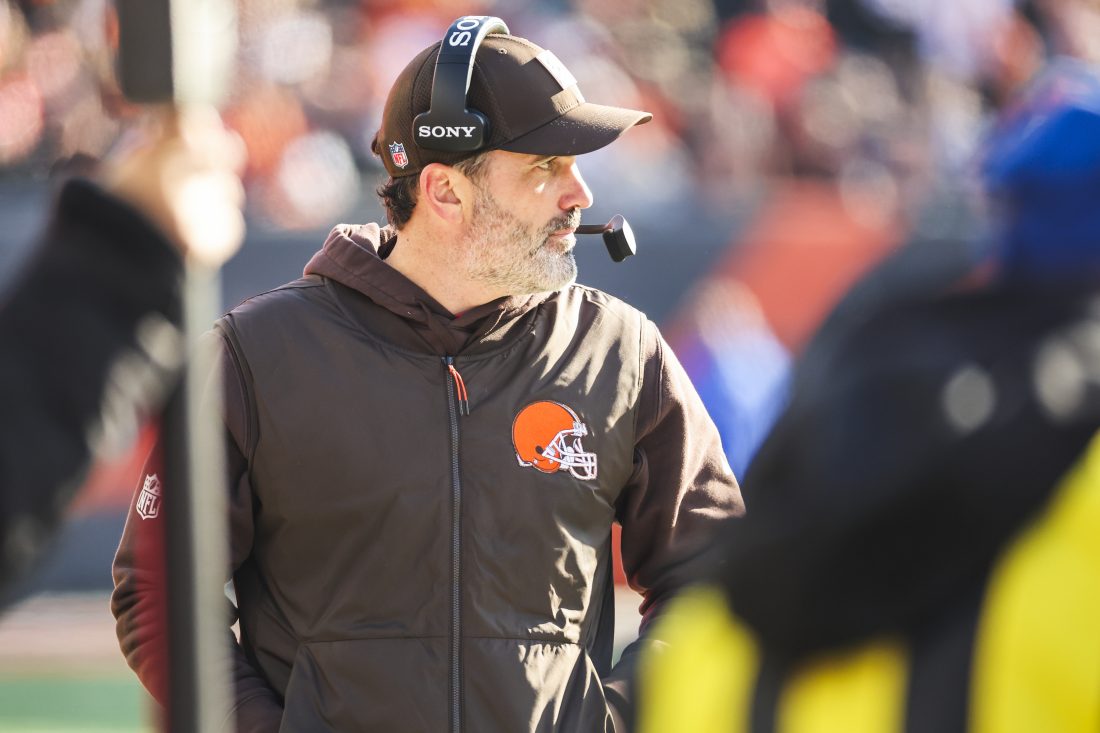 Jan 4, 2026; Cincinnati, Ohio, USA; Cleveland Browns head coach Kevin Stefanski stands on the sideline during the second quarter against the Cincinnati Bengals at Paycor Stadium. Mandatory Credit: Joseph Maiorana-Imagn Images