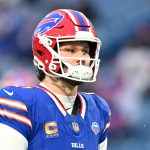 Jan 4, 2026; Orchard Park, New York, USA; Buffalo Bills quarterback Josh Allen (17) looks on during warmups before the game against the New York Jets at Highmark Stadium. Mandatory Credit: Mark Konezny-Imagn Images
