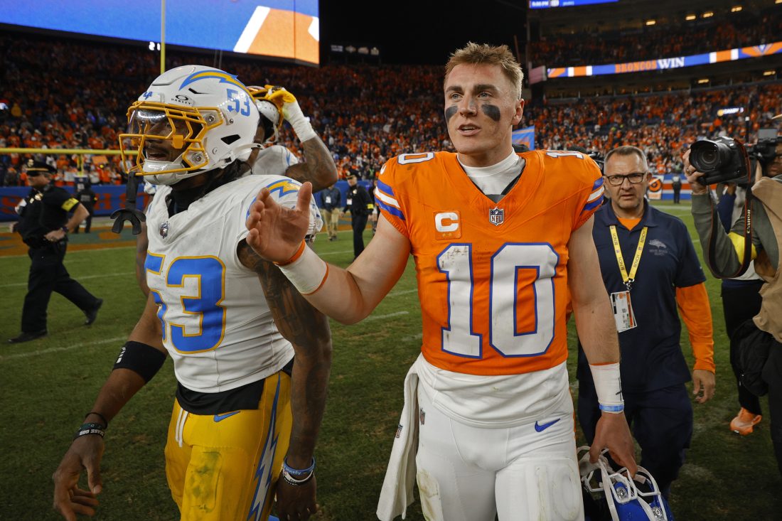 Jan 4, 2026; Denver, Colorado, USA; Denver Broncos quarterback Bo Nix (10) looks on after winning the game against the Los Angeles Chargers at Empower Field at Mile High. Mandatory Credit: Isaiah J. Downing-Imagn Images