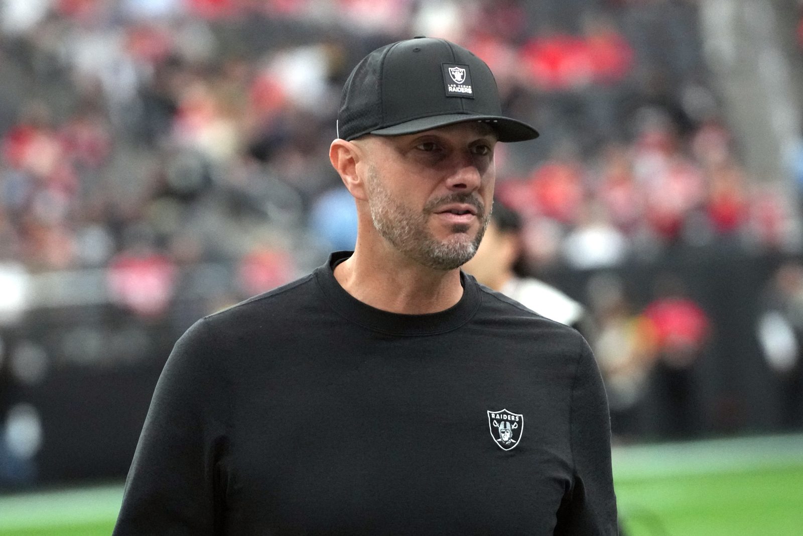 Jan 4, 2026; Paradise, Nevada, USA; Las Vegas Raiders general manager John Spytek reacts during the game against the Kansas City Chiefs at Allegiant Stadium. Mandatory Credit: Kirby Lee-Imagn Images