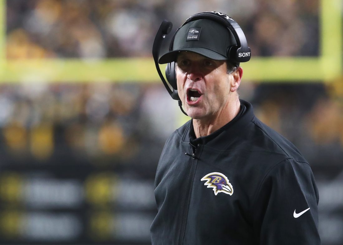 Jan 4, 2026; Pittsburgh, Pennsylvania, USA; Baltimore Ravens head coach John Harbaugh reacts during the second half at Acrisure Stadium. Mandatory Credit: Charles LeClaire-Imagn Images
