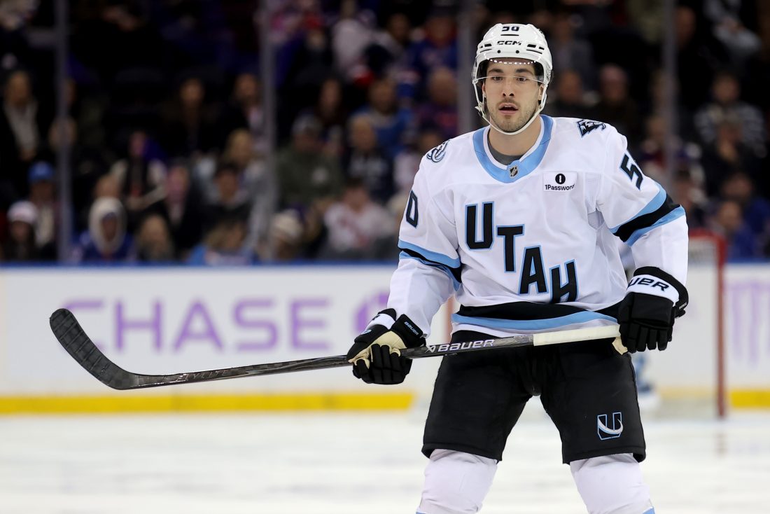 Jan 5, 2026; New York, New York, USA; Utah Mammoth defenseman Sean Durzi (50) skates against the New York Rangers during the third period at Madison Square Garden. Mandatory Credit: Brad Penner-Imagn Images