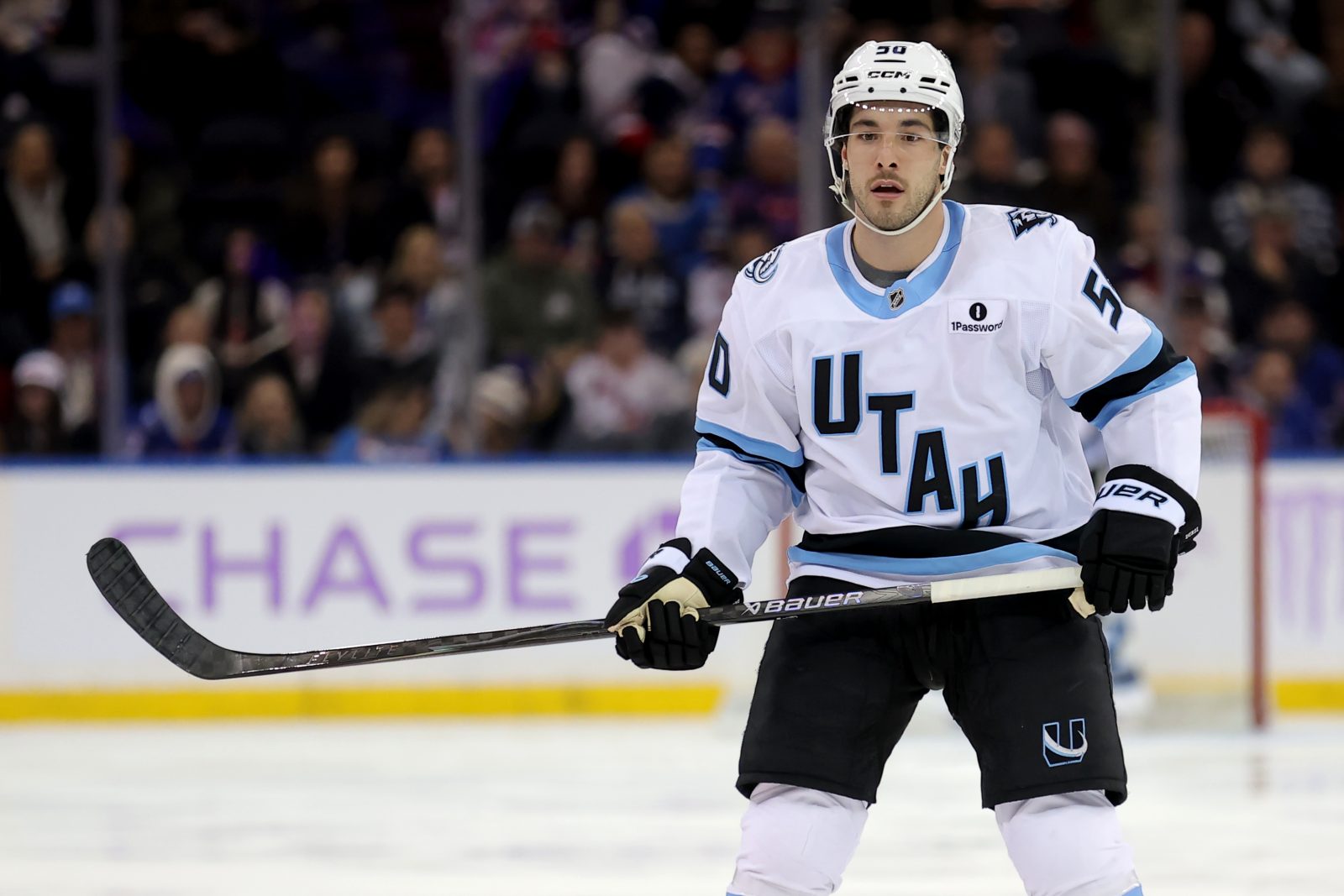 Jan 5, 2026; New York, New York, USA; Utah Mammoth defenseman Sean Durzi (50) skates against the New York Rangers during the third period at Madison Square Garden. Mandatory Credit: Brad Penner-Imagn Images