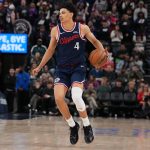 Jan 5, 2026; Inglewood, California, USA; LA Clippers guard Kobe Sanders (4) dribbles the ball against the Golden State Warriors in the second half at Intuit Dome. Mandatory Credit: Kirby Lee-Imagn Images