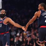 Jan 7, 2026; New York, New York, USA; LA Clippers guard James Harden (1) slaps hands with forward Kawhi Leonard (2) during the first quarter against the New York Knicks at Madison Square Garden. Mandatory Credit: Vincent Carchietta-Imagn Images