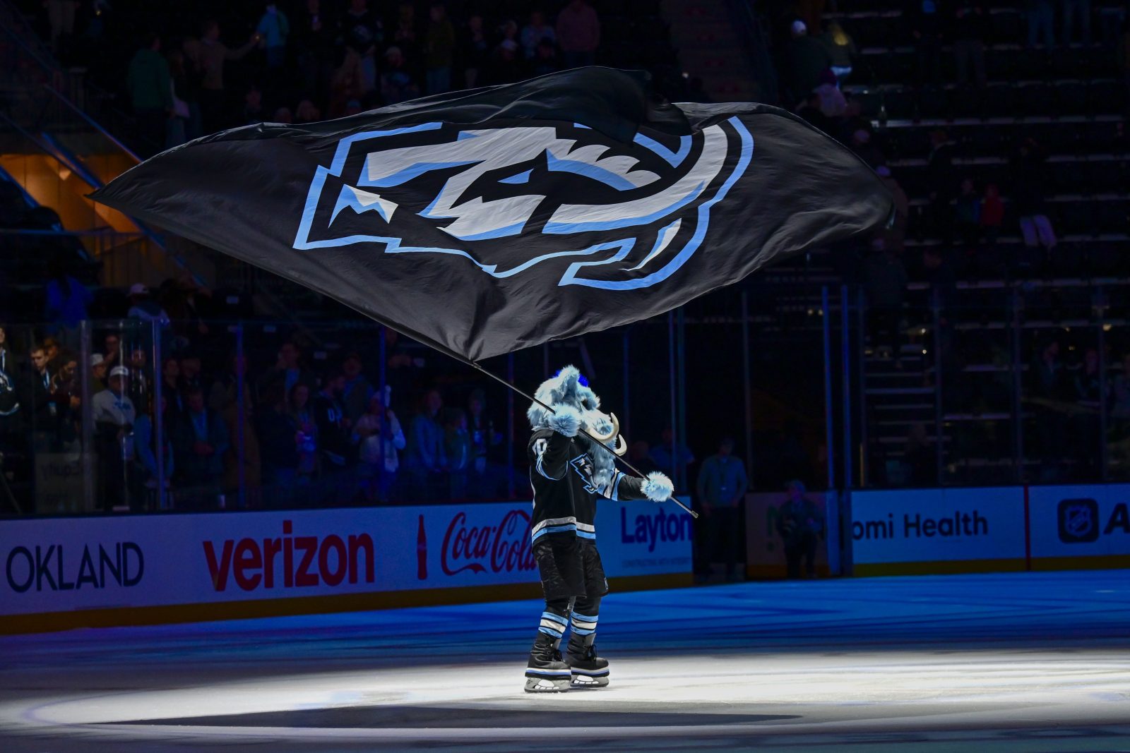 Jan 7, 2026; Salt Lake City, Utah, USA; Utah Mammoth mascot waves the flag after the team defeats the Ottawa Senators at Delta Center. Mandatory Credit: Peter Creveling-Imagn Images