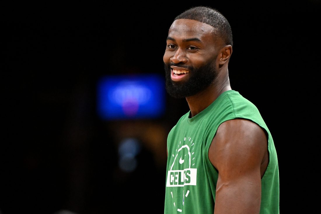 Jan 10, 2026; Boston, Massachusetts, USA; Boston Celtics guard Jaylen Brown (7) during warmups before a game against the San Antonio Spurs during the first half at the TD Garden. Mandatory Credit: Brian Fluharty-Imagn Images