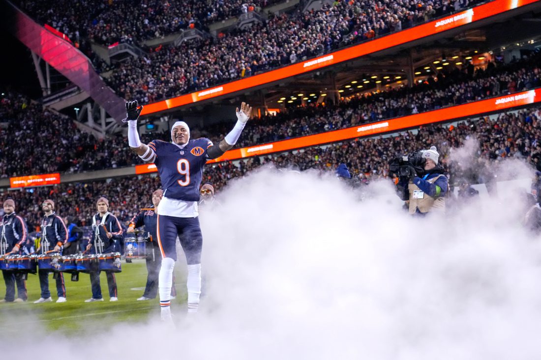 Jan 10, 2026; Chicago, IL, USA; Chicago Bears safety Jaquan Brisker (9) takes the field prior to an NFC Wild Card Round game against the Green Bay Packers at Soldier Field.