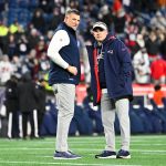 Jan 11, 2026; Foxborough, MA, USA; New England Patriots head coach Mike Vrabel and New England Patriots offensive coordinator Josh McDaniels look on before the game against the Los Angeles Chargers in an AFC Wild Card Round game at Gillette Stadium. Mandatory Credit: Eric Canha-Imagn Images